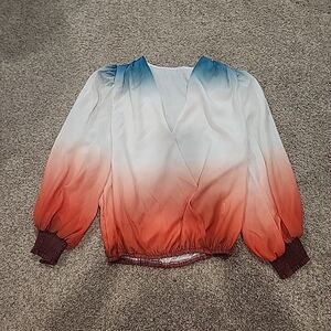 Unbranded XL Womens Blue, White, & Orange V-Neck Long Sleeve Blouse